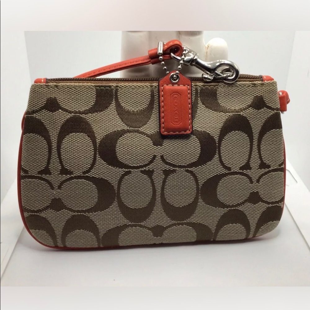 Coach F42391 Signature Jacquard Leather Wallet Wristlet Khaki Geranium